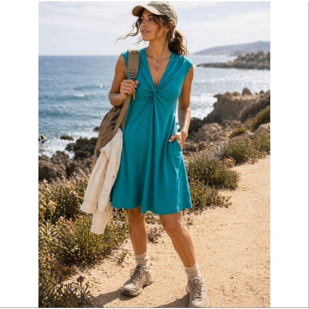 Patagonia Kamala Dress Women XL Teal Blue Twist Front V-Neck Sleeveless Gorpcore